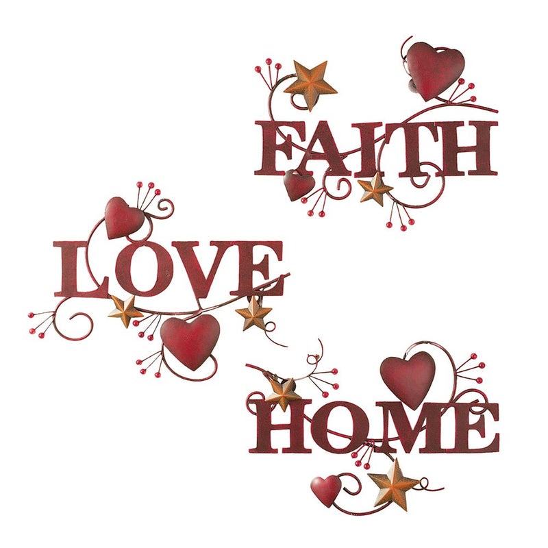 Collections Etc Red Home, Love and Faith Metal Wall Art - Set of 3 - Image 1